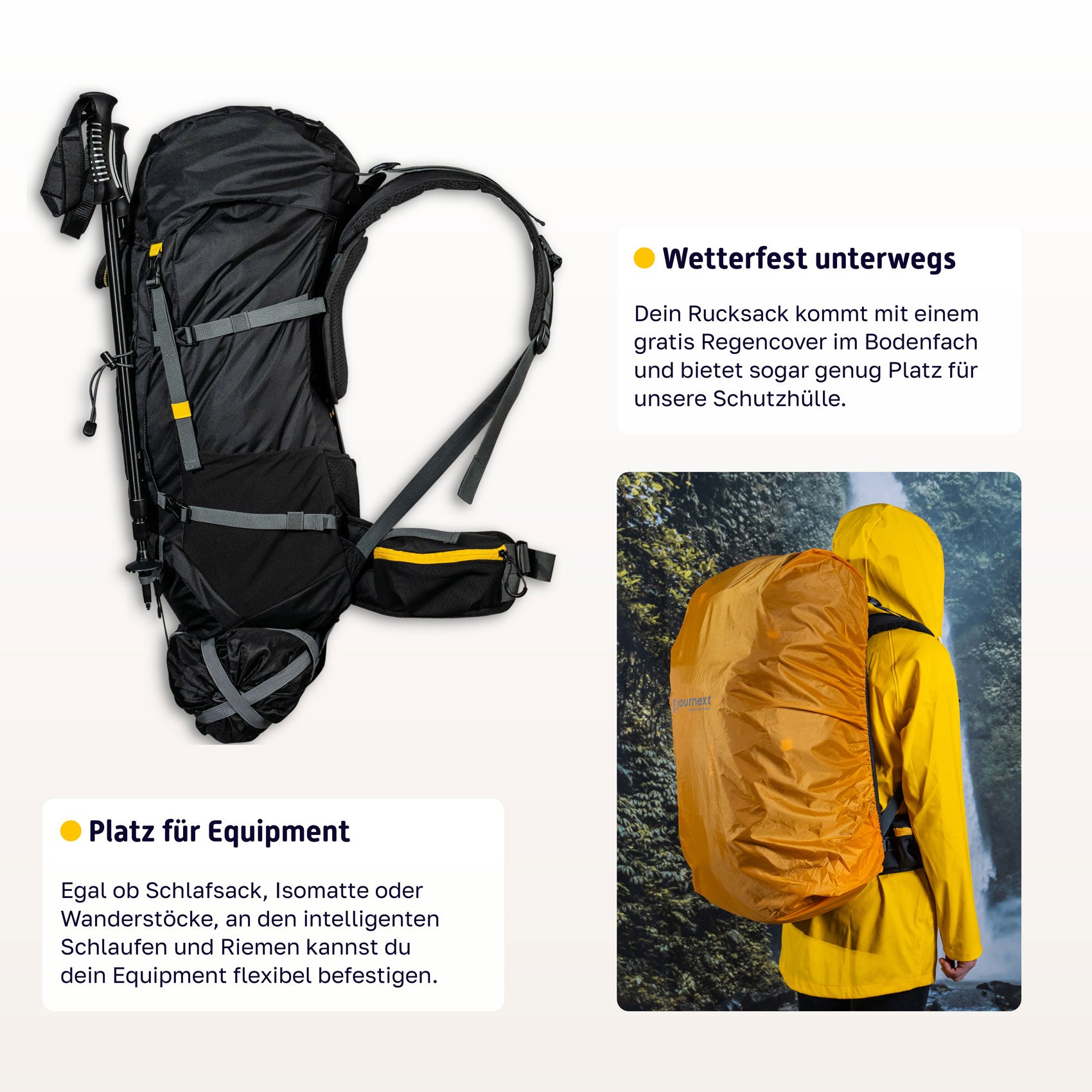 Rucksack mit Wanderstöcken und Schutzhülle