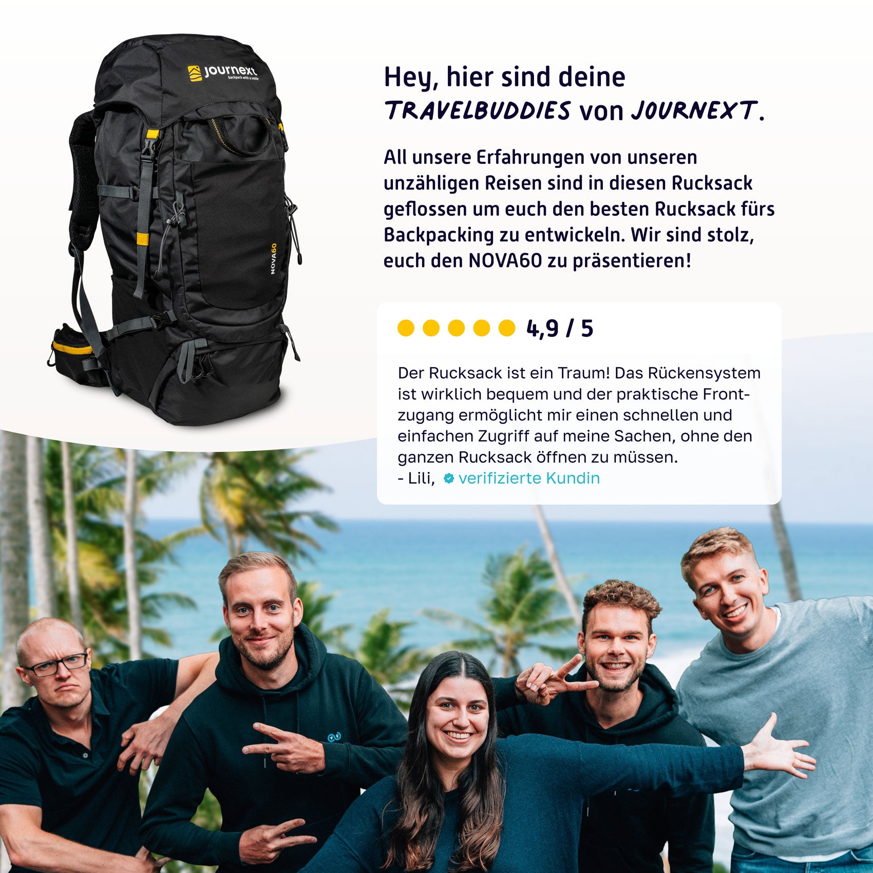 Team Journext mit schwarzem Backpacking Rucksack