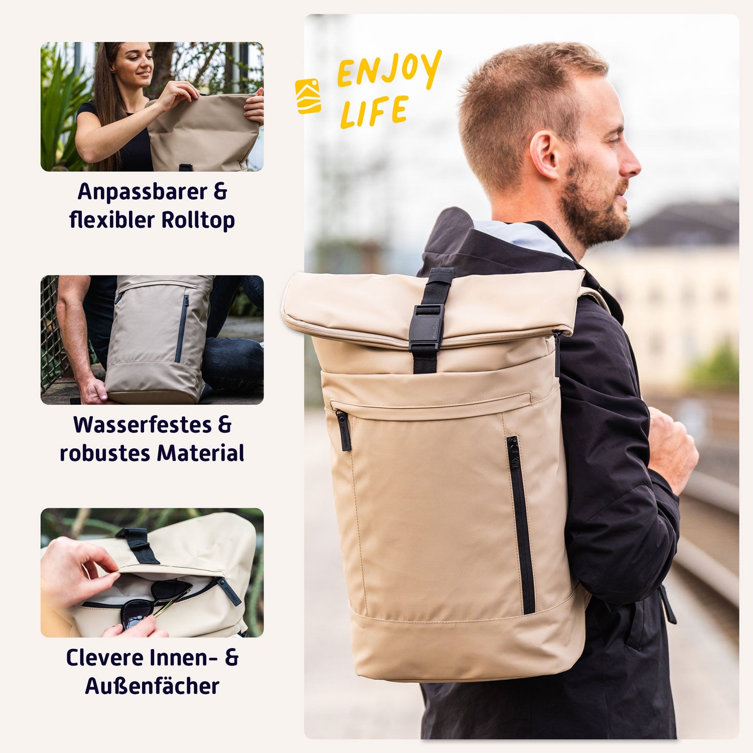 Rolltop discount rucksack beige